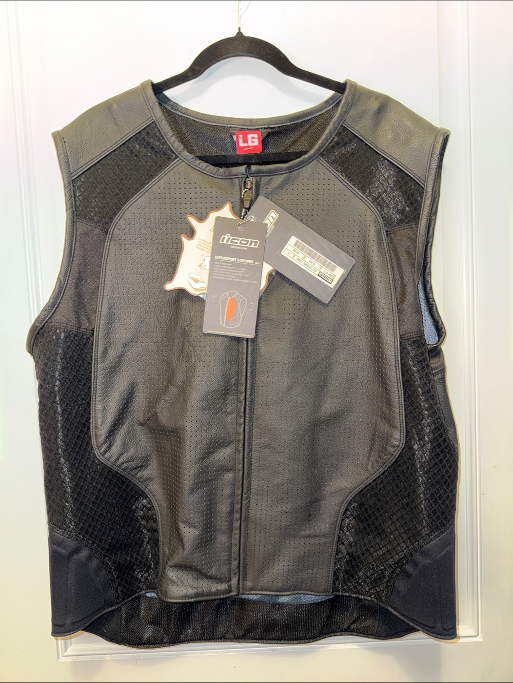 NWT ICON Black Men's Perforated heavy Leather & Mesh Motorcycle Vest size Large